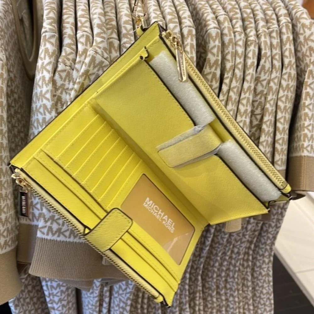Michael Kors Jet Set Travel Large Double Zip Leather Wristlet Sunshine Yellow